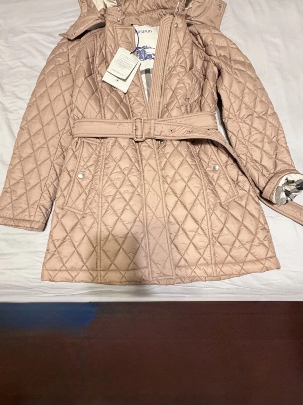 Burberry Diamond Quilted Belted Hooded Coat / Barn Jacket in Cameo Pink